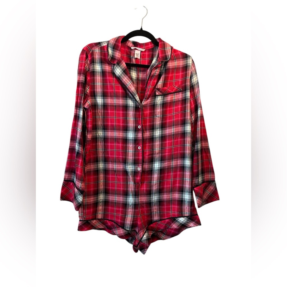 Victoria's Secret long-sleeved flannel pajama romper in a red plaid pattern